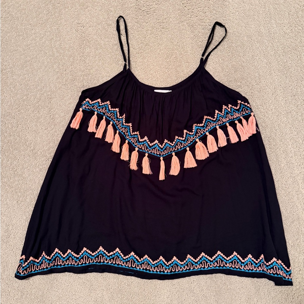Tiare Hawaii Black Mini Dress Coverup with Pink & Blue Embroidery & Tassels